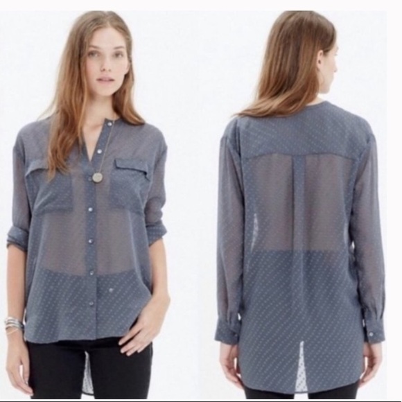Madewell Swiss Dot Blouse Long Sleeves Gray Ice Leaf Blouse b6940 Top Sheer S - Picture 1 of 7